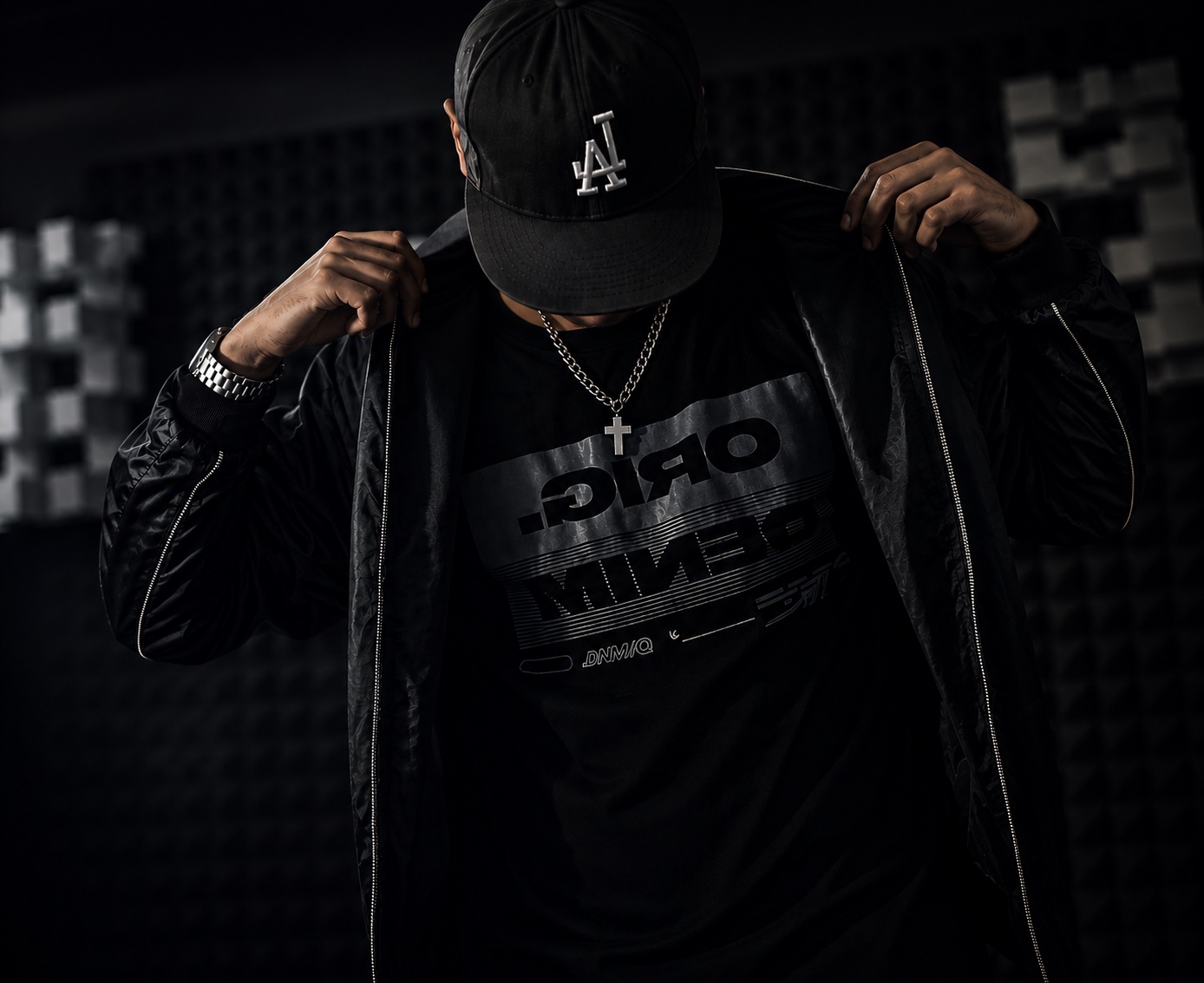 Wildhaber Audio wearing a cap and jacket in the studio