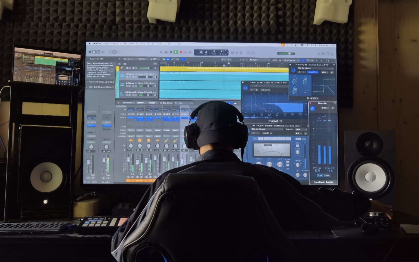 Wildhaber Audio mixing at the desk with headphones on, studio monitors on either side