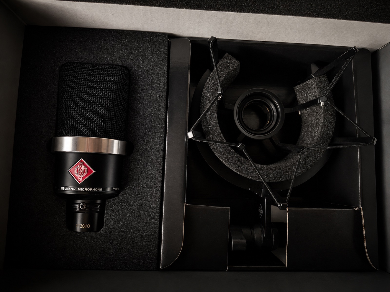 Neumann microphone resting in its case