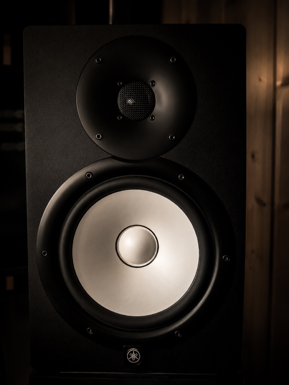 Close-up of a studio monitor speaker