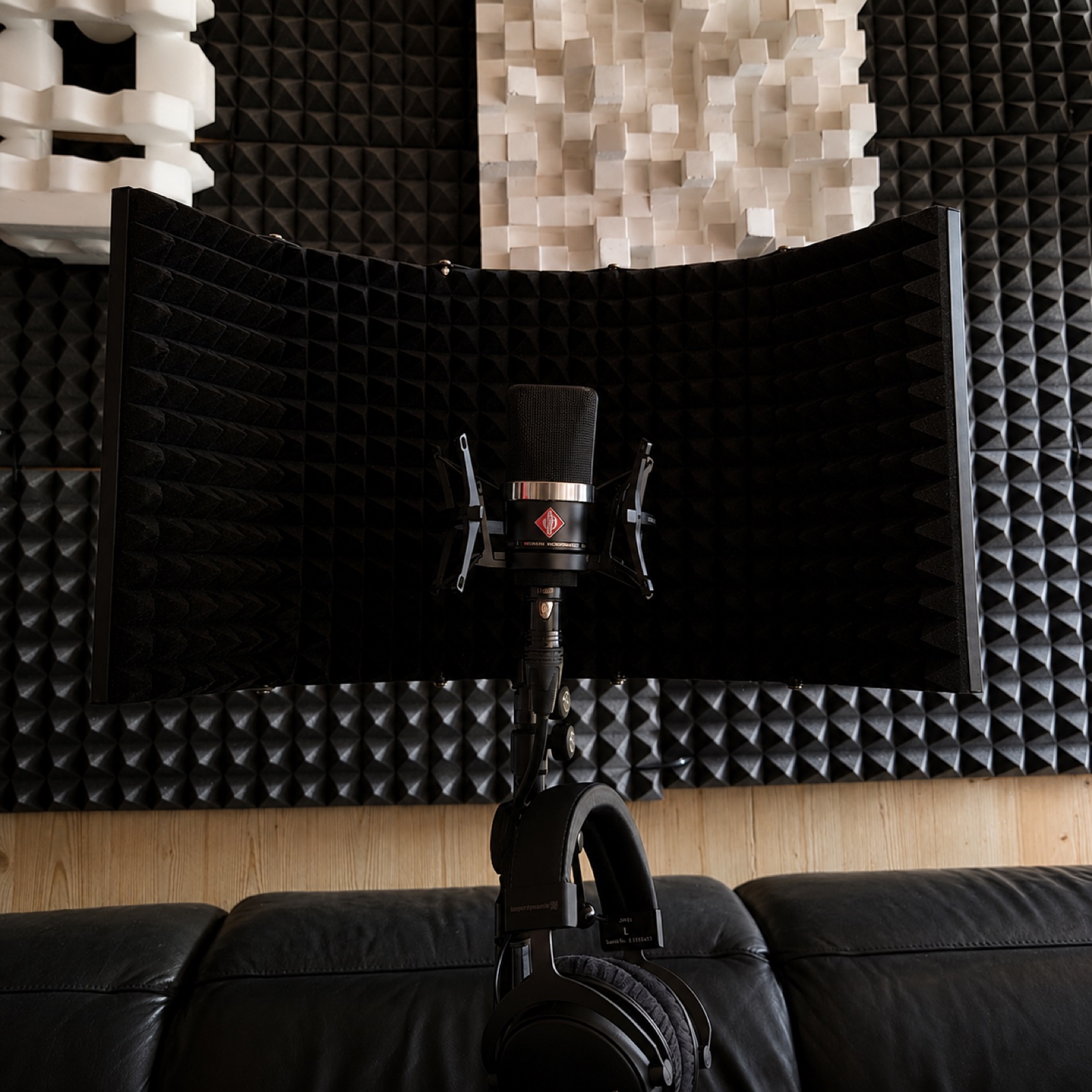 Neumann microphone in front of a reflection filter in the vocal booth