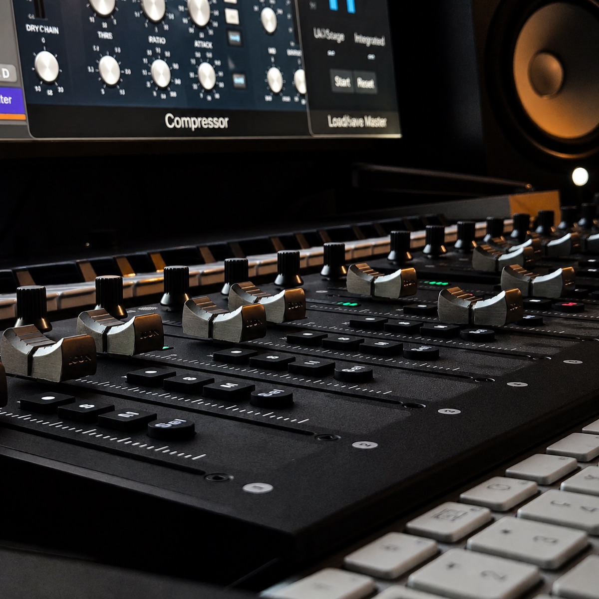 Mixing console faders and studio monitor